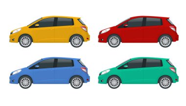 Alt kompakt hatchback araba. Küçük Melez Araç. Çevre dostu yüksek teknolojili otomobil. Beyaz Görünüm tarafında izole edilmiş şablon.