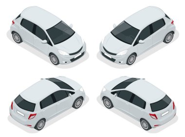 Isometric Subcompact Hatchback araba yüksek kaliteli şehir aracı. Şehir ulaşımı. Çevre dostu yüksek teknolojili otomobil. Beyaz Görünüm tarafında izole edilmiş şablon.