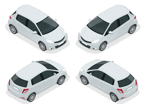 Isometric subcompact Hatchback Car vehicul de înaltă calitate oraș. Transport urban. Eco-friendly hi-tech auto. Șablon izolat pe partea albă Vizualizare . — Vector de stoc