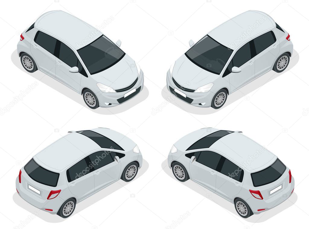 Isometric Subcompact Hatchback Car high quality city vehicle. Urban transport. Eco-friendly hi-tech auto. Template isolated on white View side.