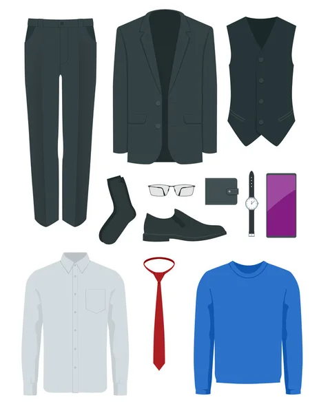 Conjunto plano de ropa para hombre clásica y accesorios de negocios negro traje, corbata, calcetines, gafas, zapatos, bolso, reloj, teléfono inteligente — Vector de stock