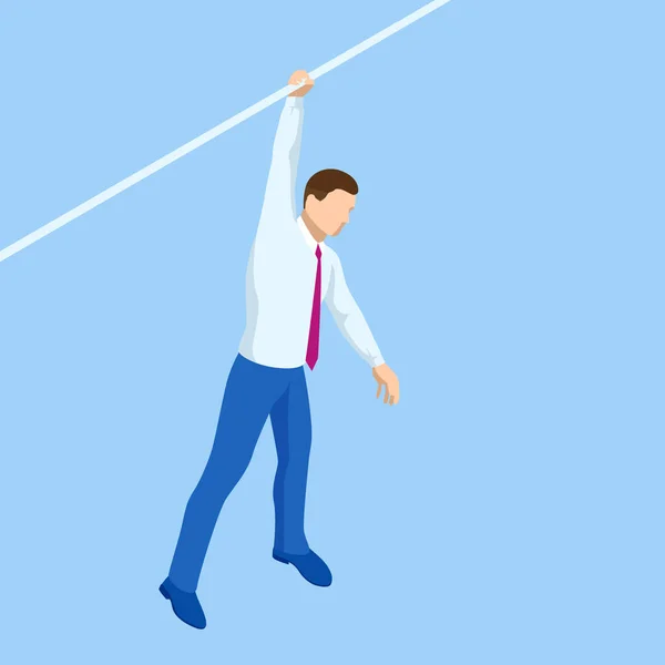 Isometric biznesmen tightrope walker jest na linie. Ryzyko w biznesie, ryzyko biznesowe, pokonywanie przeciwności losu — Wektor stockowy