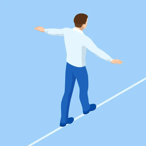 Isometric businessman tightrope walker est sur la corde. Défi de risque dans l'entreprise, risque commercial, surmonter les problèmes d'adversité solution — Image vectorielle