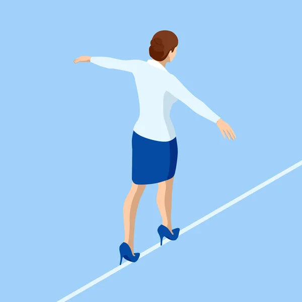 Mulher de negócios isométricos tightrope walker está na corda. Desafio de risco no negócio, risco de negócios, a conquista de solução de problemas de adversidade —  Vetores de Stock