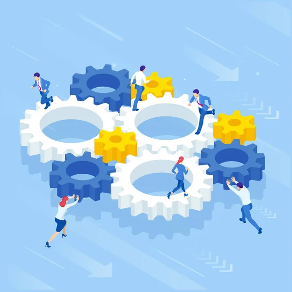 Isometric Businessmen running in gears wheels. The business of hard work, motivation and success concept. — Stock Vector