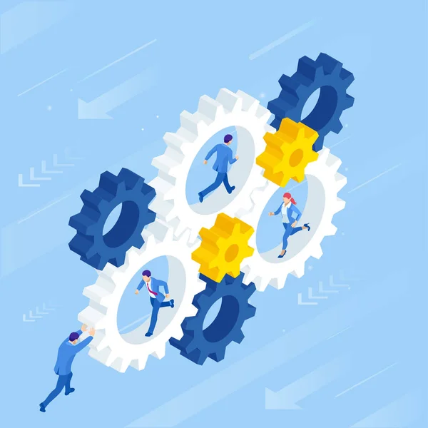 Isometric Businessmen running in gears wheels. The business of hard work, motivation and success concept. — 스톡 벡터