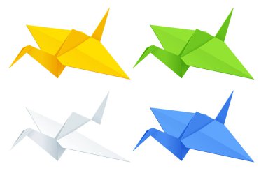 Beyaz zemin üzerinde Origami kağıt vinçleri Isometric renk seti.