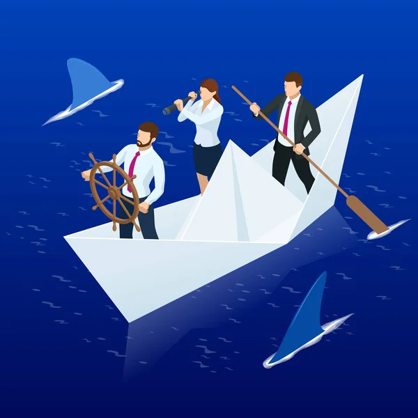 Empresários isométricos em barco de papel. Equipe de negócios supera dificuldades e riscos. Equipe líder visionária, conceito de trabalho em equipe . —  Vetores de Stock