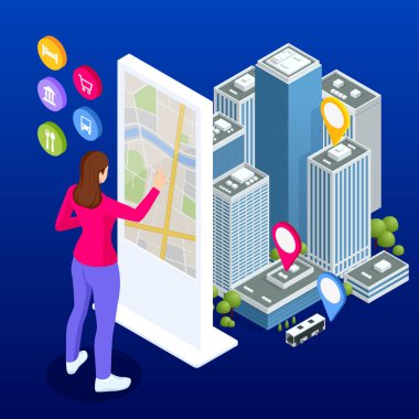 GPS mobil uygulamalı Isometric kasaba haritası, seyyar navigasyon, etkileşimli şehir navigasyonu. Pin ya da GPS haritalı şehir navigasyon haritası.