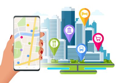 GPS mobil uygulamalı Isometric kasaba haritası, seyyar navigasyon, etkileşimli şehir navigasyonu. Pin ya da GPS haritalı şehir navigasyon haritası.
