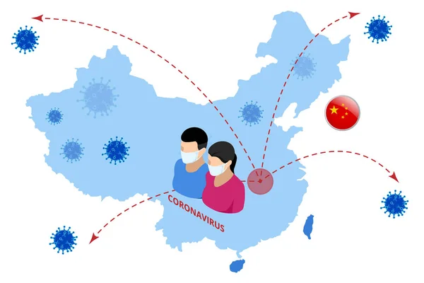 China battles Coronavirus outbreak. Coronavirus Outbreak, Travel Alert concept. The virus attacks the respiratory tract, pandemic medical health risk — 스톡 벡터