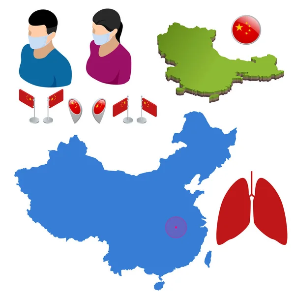 Китай борется со вспышкой коронавируса. Вспышка коронавируса, концепция Тревожной тревоги. Вирус поражает дыхательные пути, пандемический риск для здоровья — стоковый вектор