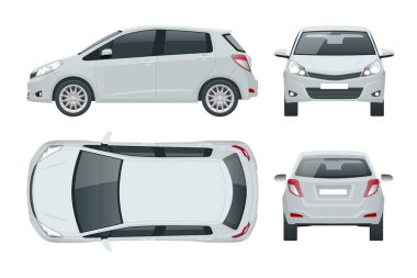 Alt kompakt hatchback araba. Küçük Melez Araç. Çevre dostu yüksek teknolojili otomobil. Renk değişikliği kolay. Beyaz görünümde izole edilmiş şablon ön, arka, yan, üst