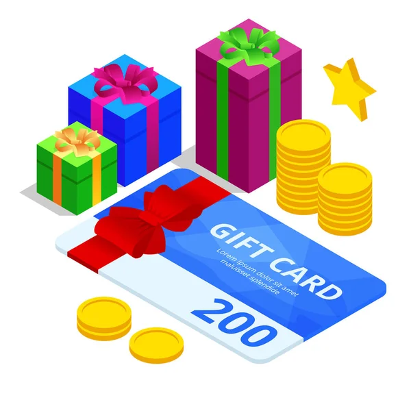 Isometric Gift voucher and Online shopping app, Shopping online. Holiday celebration concept. — 스톡 벡터