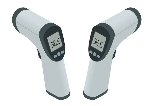 Isometrisk medicinsk digital IR-termometer utan kontakt. Den mäter omgivande temperatur och kroppstemperatur utan kontakt med färgade varningssymboler. — Stock vektor