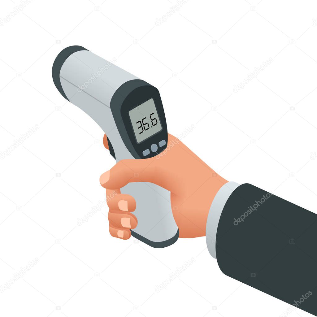 Isometric Medical Digital Non-Contact Infrared Thermometer. It measures the ambient and body temperature without contact with colored warning symbols.