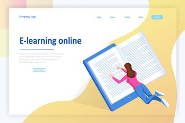 Dijital Okuma, E-Sınıfı Ders Kitabı, Modern Eğitim, E-Öğrenim, Çevrimiçi Eğitim ve Kurs, Ses Eğitimi, Uzaklık Eğitimi, Eğitim ve Öğrenciler İçin Isometric konsept