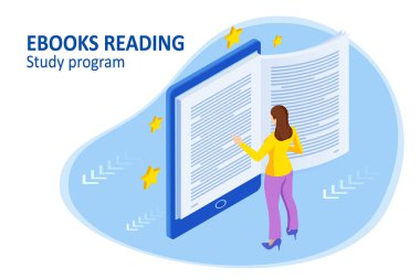 Dijital Okuma, E-Sınıfı Ders Kitabı, Modern Eğitim, E-Öğrenim, Çevrimiçi Eğitim ve Kurs, Ses Eğitimi, Uzaklık Eğitimi, Eğitim ve Öğrenciler İçin Isometric konsept