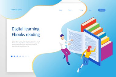 Dijital Okuma, E-Sınıfı Ders Kitabı, Modern Eğitim, E-Öğrenim, Çevrimiçi Eğitim ve Kurs, Ses Eğitimi, Uzaklık Eğitimi, Eğitim ve Öğrenciler İçin Isometric konsept