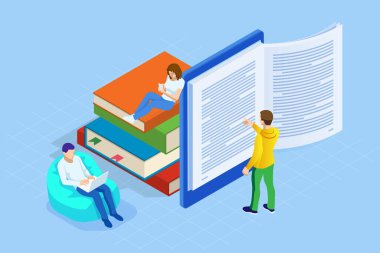 Dijital Okuma, E-Sınıfı Ders Kitabı, Modern Eğitim, E-Öğrenim, Çevrimiçi Eğitim ve Kurs, Ses Eğitimi, Uzaklık Eğitimi, Eğitim ve Öğrenciler İçin Isometric konsept