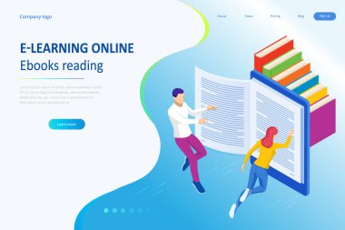 Dijital Okuma, E-Sınıfı Ders Kitabı, Modern Eğitim, E-Öğrenim, Çevrimiçi Eğitim ve Kurs, Ses Eğitimi, Uzaklık Eğitimi, Eğitim ve Öğrenciler İçin Isometric konsept