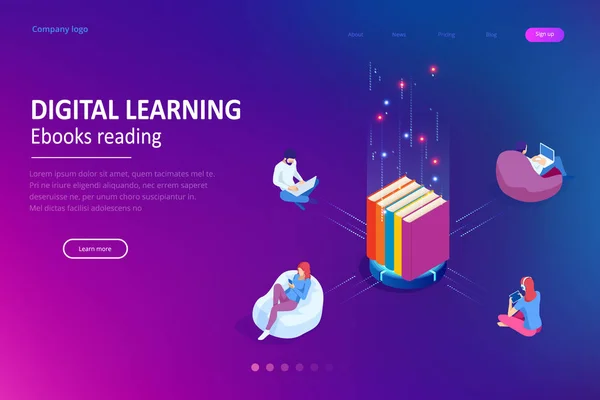 Concetto isometrico per la lettura digitale, E-classroom Textbook, Educazione moderna, E-learning, Formazione e corso online, Audio Tutorial, Educazione a distanza, Ebook e studenti — Vettoriale Stock