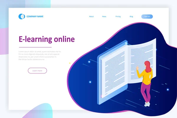 Isometric concept for Digital Reading, E-classroom Textbook, Modern Education, E-learning, Online Training and Course, Audio Tutorial, Distance Education, Ebook and Students — 스톡 벡터
