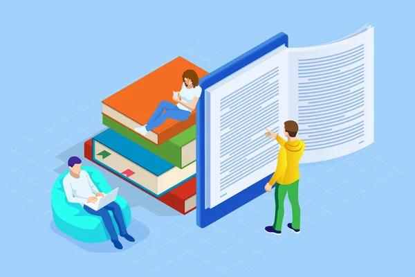 Isometric concept for Digital Reading, E-classroom Textbook, Modern Education, E-learning, Online Training and Course, Audio Tutorial, Distance Education, Ebook and Students — Stock Vector