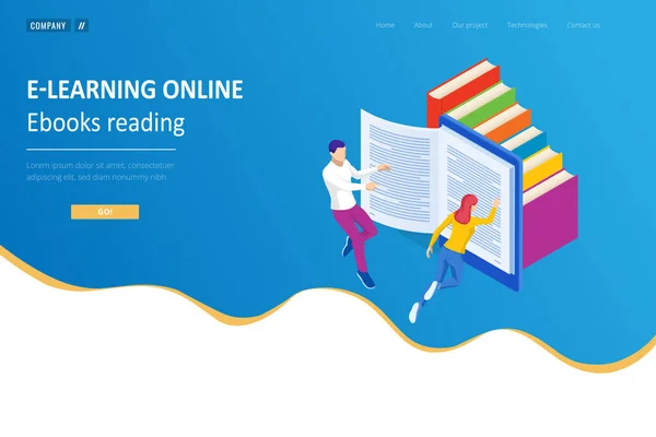 Isometric concept for Digital Reading, E-classroom Textbook, Modern Education, E-learning, Online Training and Course, Audio Tutorial, Distance Education, Ebook and Students — 스톡 벡터