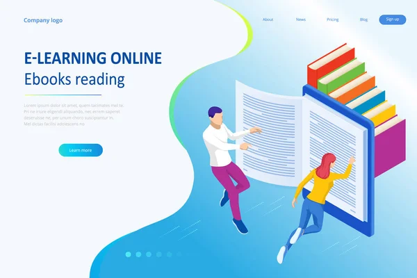 Isometrisch concept voor digitaal lezen, e-classroom lesboek, modern onderwijs, e-learning, online training en cursus, audio-tutorial, afstandsonderwijs, e-book en studenten — Stockvector