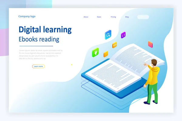 Isometric concept for Digital Reading, E-classroom Textbook, Modern Education, E-learning, Online Training and Course, Audio Tutorial, Distance Education, Ebook and Students — 스톡 벡터