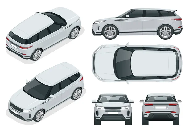 オフロード車現代のVIP輸送を書き込みます。コンパクトクロスオーバー、 SUV 、 5ドアステーションワゴン車。オフロードトラックのテンプレートベクトル白いビューフロント、リア、サイド、トップとアイソメトリックフロント、バックに隔離された車 — ストックベクタ