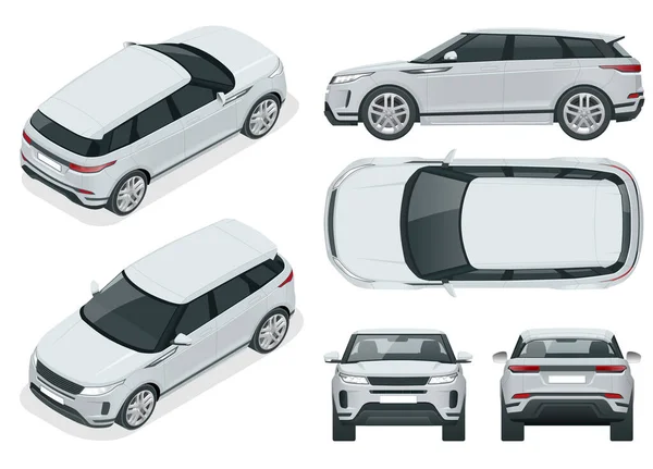 Off-road write car Modern VIP transport. Compact crossover, SUV, 5-door station wagon car. Offroad truck template vector isolated car on white View front, rear, side, top and isometry front, back — Stock Illustration Off-road write car Modern VIP transport. Compact crossover, SUV, 5-door station wagon car. Offroad truck template vector isolated car on white View front, rear, side, top and isometry front, back Stock Illustration
