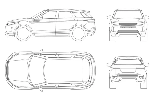 白い背景に車のベクトルテンプレート。アウトライン上のコンパクトクロスオーバー、 SUV 、 5ドアステーションワゴン。テンプレートベクトル分離。フロント、リア、サイド、トップを表示. — ストックベクタ