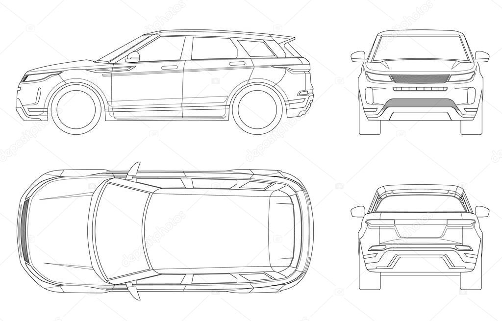 Car vector template on white background. Compact crossover, SUV, 5-door station wagon on outline. Template vector isolated. View front, rear, side, top.