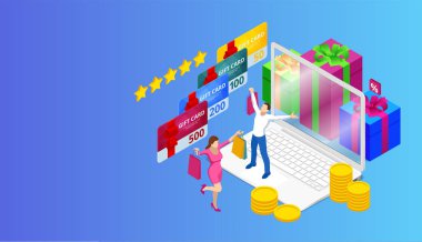 Haftasonu Satış ve İndirim Teklif. İnternetten alışveriş. İndirim kuponlarıyla sezonluk indirim. Isometric Smart telefon online alışveriş konsepti. Çevrimiçi mağaza, alışveriş arabası simgesi.