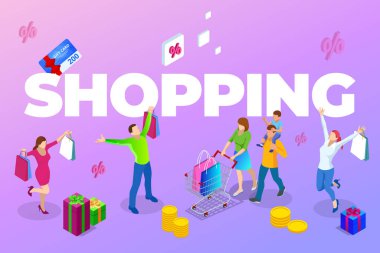 Haftasonu Satış ve İndirim Teklif. İnternetten alışveriş. İndirim kuponlarıyla sezonluk indirim. Isometric Smart telefon online alışveriş konsepti. Çevrimiçi mağaza, alışveriş arabası simgesi.