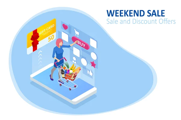 Weekend Sale en Korting Aanbiedingen. Online winkelen. Seizoensgebonden verkoop met kortingsbonnen. Isometrische Smart phone online shopping concept. Online winkel, icoon winkelmandje. — Stockvector