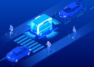 Isometric İnsansız Mekik Otobüsü. Şehirdeki otomatik oto-sürücü araç sistemi.