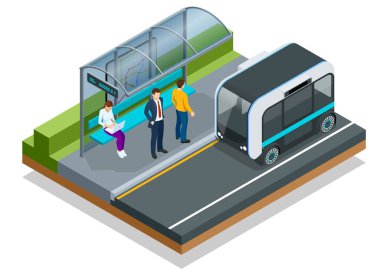 Isometric İnsansız Mekik Otobüsü. Şehirdeki otomatik oto-sürücü araç sistemi.