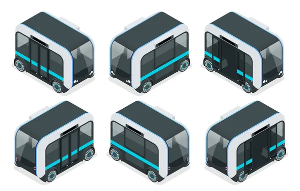 Ônibus Isométrico Não Tripulado. Sistema automatizado de auto-condução de veículos na cidade . —  Vetores de Stock