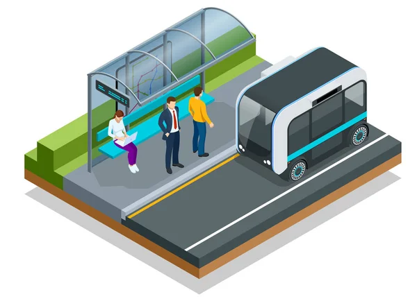 Autobús no tripulado isométrico. Sistema automatizado de vehículos autónomos en la ciudad . — Vector de stock