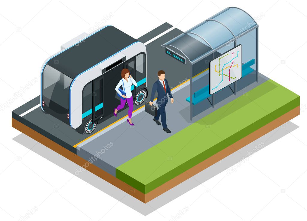 Isometric Unmanned Shuttle Bus. Automated self-driving vehicle system in city.