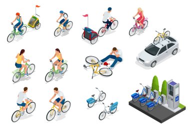 Bisikletçi seti, bisiklet tutacağı olan araba, bisiklet parkı. Bisikletli Isometric People. Aile bisikletçileri. Çeşitli türde bisikletlere binen insanların toplanması.
