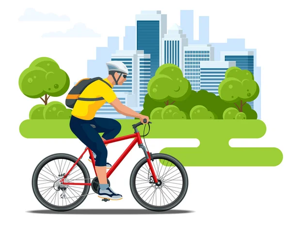 Vista lateral del ciclista en un casco sobre un fondo de la ciudad. Vida sana, transporte urbano respetuoso con el medio ambiente . — Vector de stock
