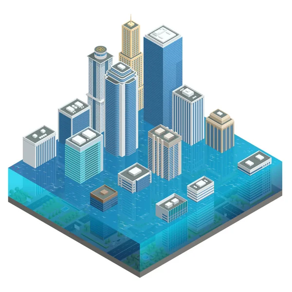 Isométrica ciudad inundada, inundación, calentamiento global. Inundaciones de la ciudad y coches con basura flotando en el agua. Agua alta y rápida . — Vector de stock