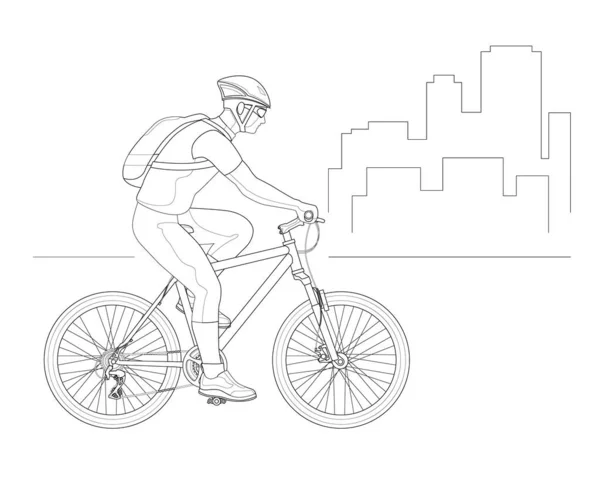 Ciclista delinear vista lateral em um capacete em um fundo da cidade. Estilo de vida saudável, transporte urbano ambientalmente amigável . — Vetor de Stock