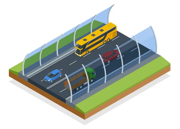 Tunnel isométrique insonorisant isolé sur blanc. Voie rapide équipée d'écrans insonorisants . — Image vectorielle