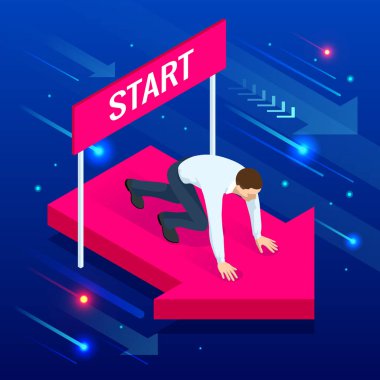 Isometric genç iş adamı başlangıç pozisyonunda. Kariyer ya da başlangıç konsepti.
