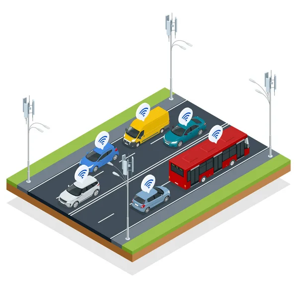 Isométrica Smart City transporte e tecnologia Wi-Fi. Carros, transportes públicos ou edifícios, tecnologia inteligente sem fios —  Vetores de Stock